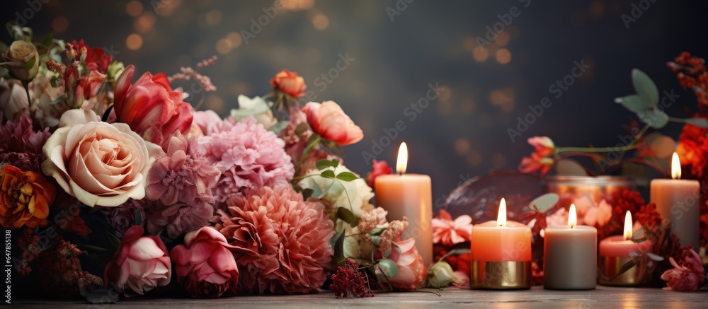 Exquisite arrangement of lit candles and flowers on tabletop