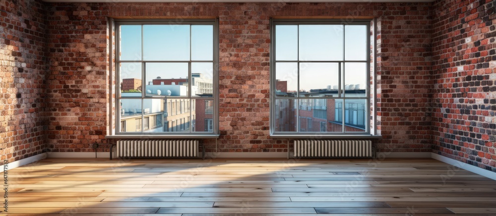 Elegant wooden floor balcony in a red bricked building with a modern loft apartment window