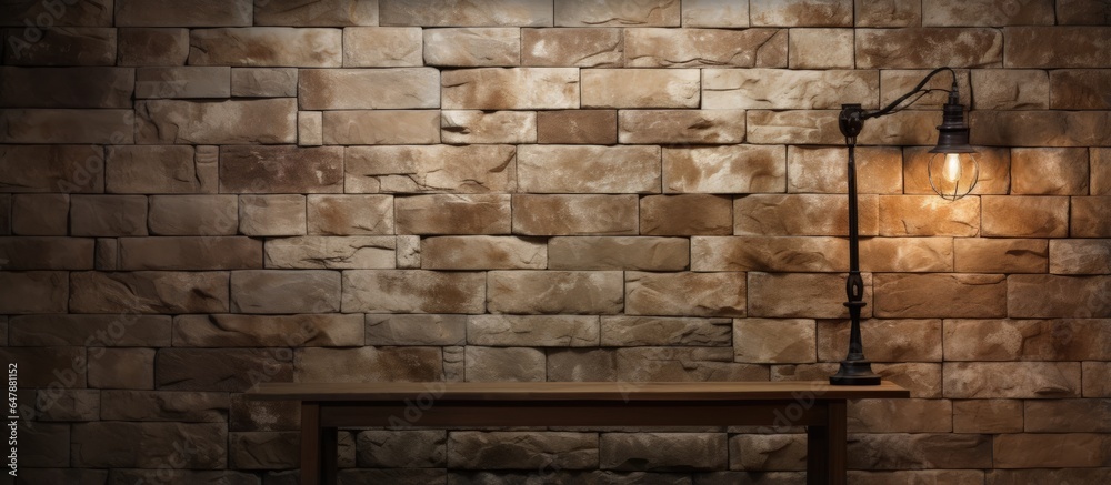 Contemporary lamp and bare stone wall in a well lit minimalistic space