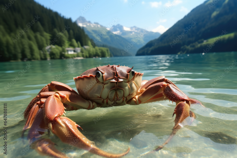 Fresh hairy crabs are in the lake with surrounded by green mountains.