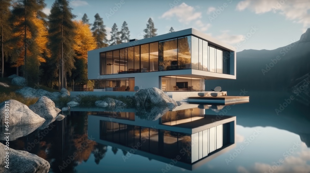 Modern concrete house and glass house design on a mountain lake.