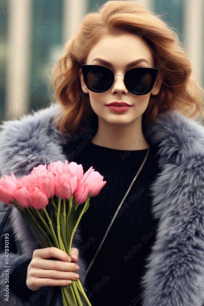 Young woman with pink tulips, Fashionable woman wearing short black dress and fur coat with sunglass