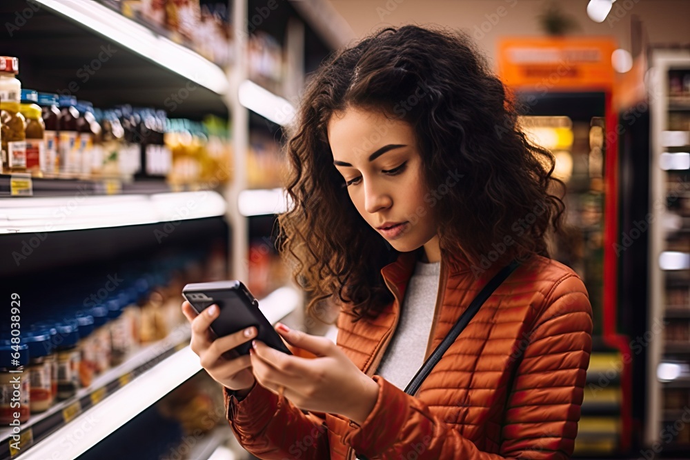 A young woman buys healthy products in a supermarket using a smartphone.