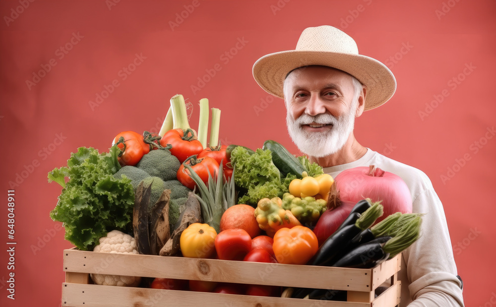 Mature male farmer with wooden box full vegetables on pink background.