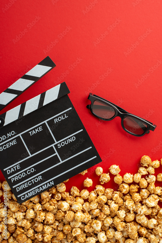 Vertical top view of a mound of tasty popcorn, 3D glasses, and a film clapperboard against a vibrant red backdrop, perfect for movie promotions