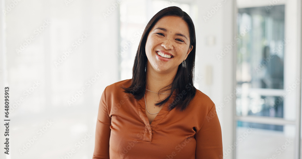 Portrait, smile and Asian business woman in office, startup company and workplace for career or job. Face, creative designer and happy professional worker, female employee or entrepreneur in Cambodia