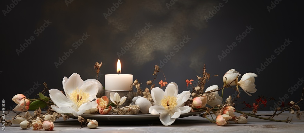 Tray with fresh magnolia flowers and a lit candle