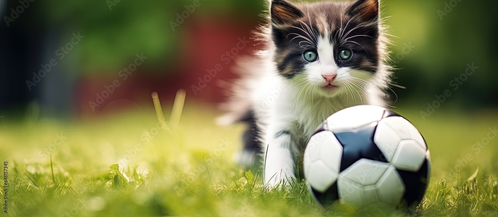 Tiny adorable tri color kitten playing soccer in the apartment