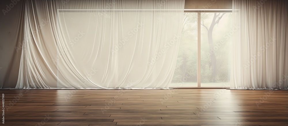 The wind moves a white curtain revealing the wooden floor