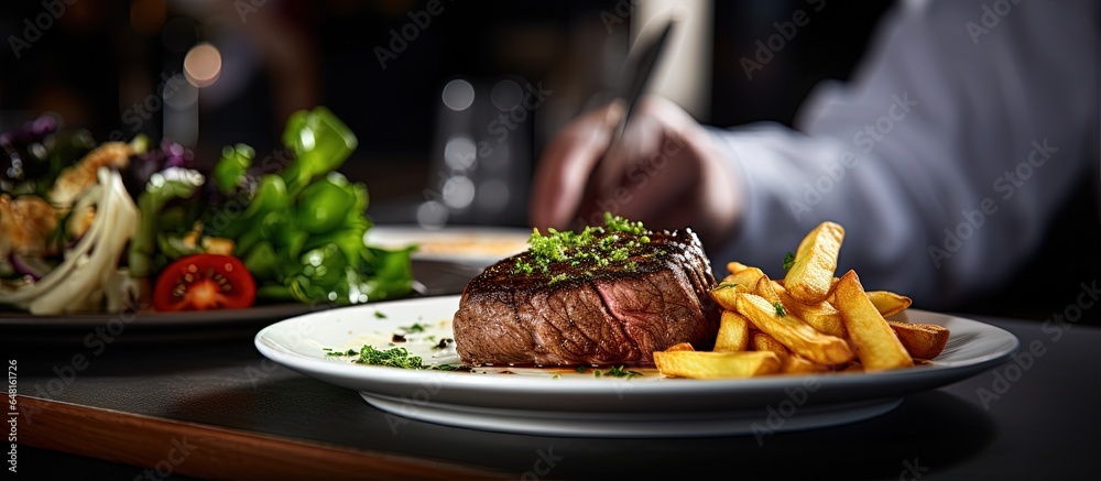 Unfamiliar individual serving steak meal with fries and salad Restaurant cuisine Indoor image
