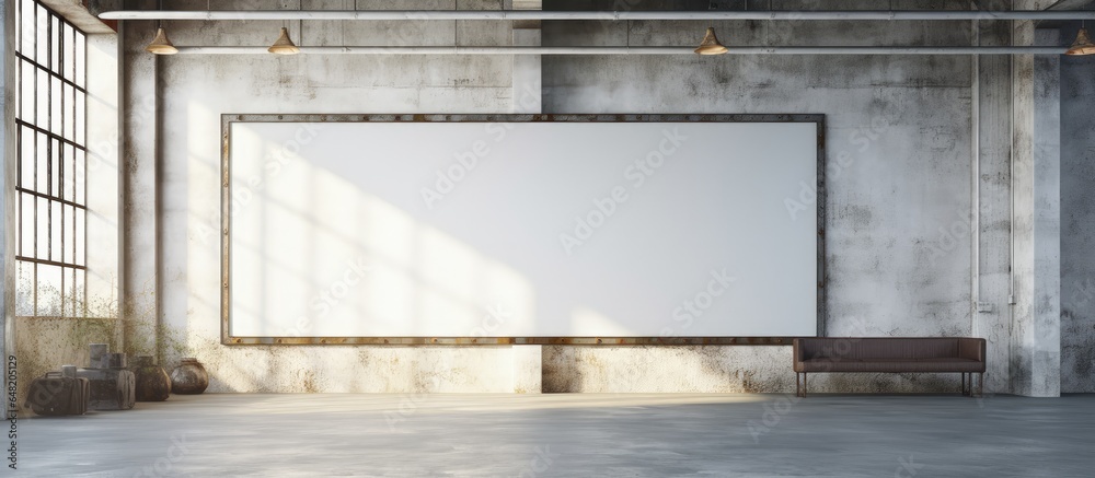Trendy loft interior with empty frame and space for text visualization