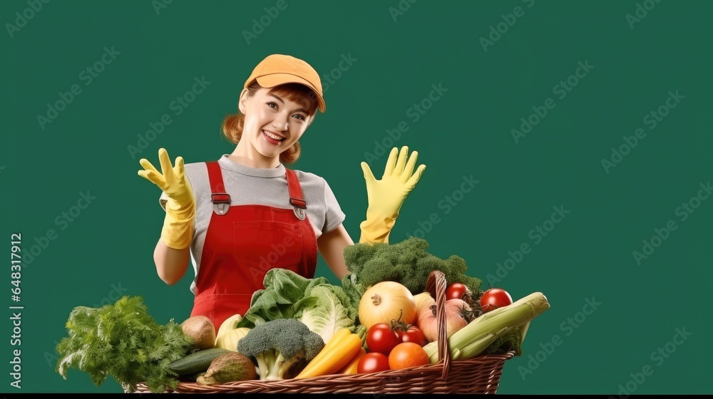 Happy woman farmer with basket full of different vegetables on green background.