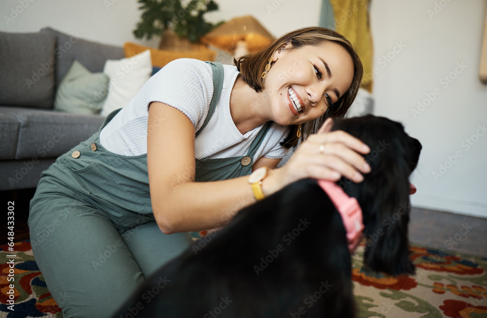 Love, smile and woman with dog in home lounge to relax and play with animal. Pet owner, happy and asian person on floor with companion, care and wellness or friendship and together in cozy apartment