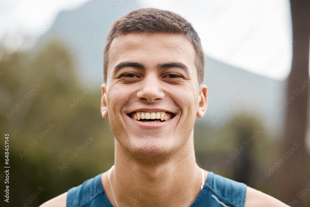 Fitness, nature and portrait of man athlete ready for running for race, marathon or competition training. Sports, mountain and headshot of young male runner for an outdoor cardio exercise or workout.