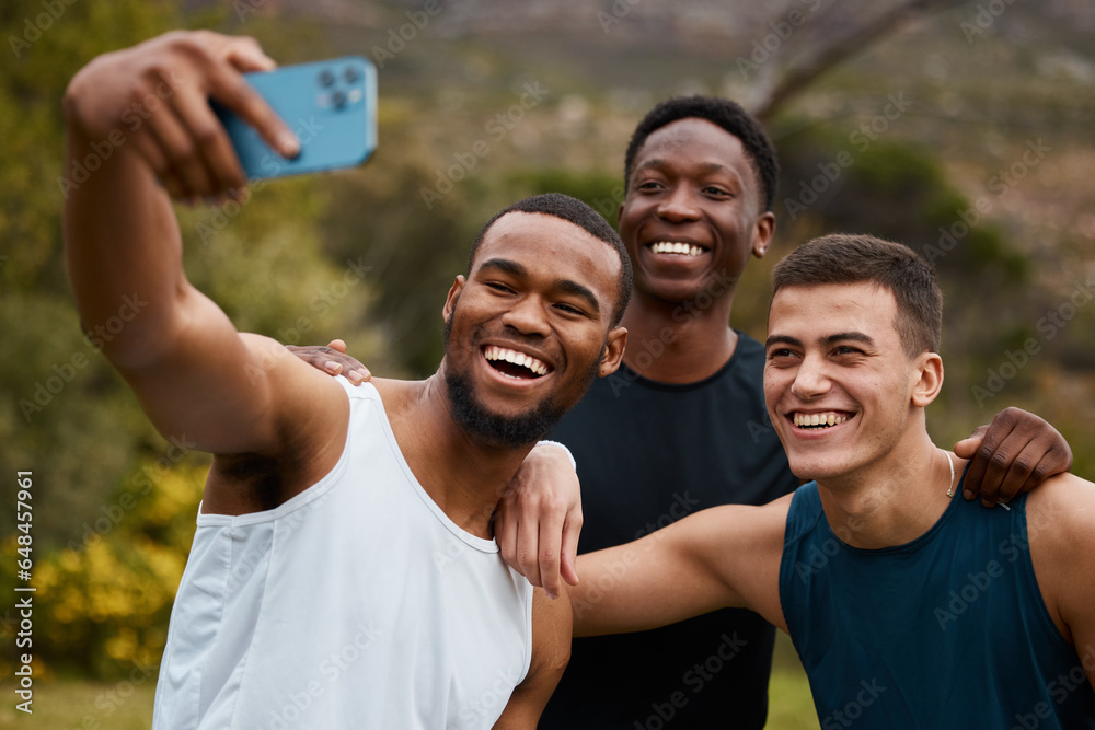 People, fitness and friends in selfie, nature or sports memory together for workout, exercise or training. Happy group of active men smile in outdoor photography, picture or social media at forest