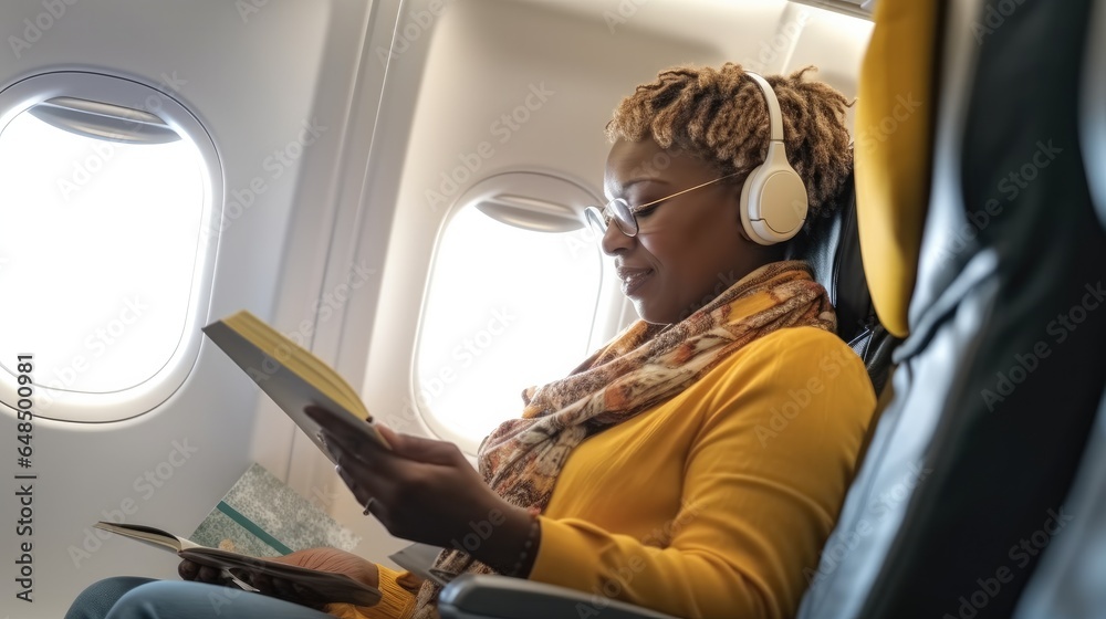 Travel and flight concept, African senior woman are reading a book and wear headphones while flying on airplane.