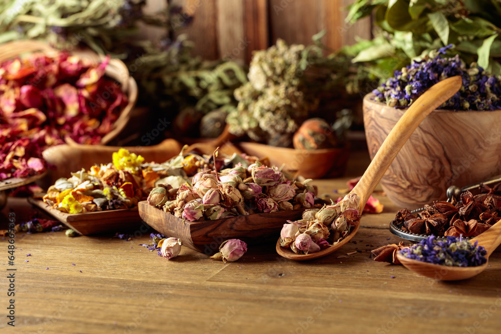 Various dried medicinal plants, herbs, and flowers on an old wooden background.