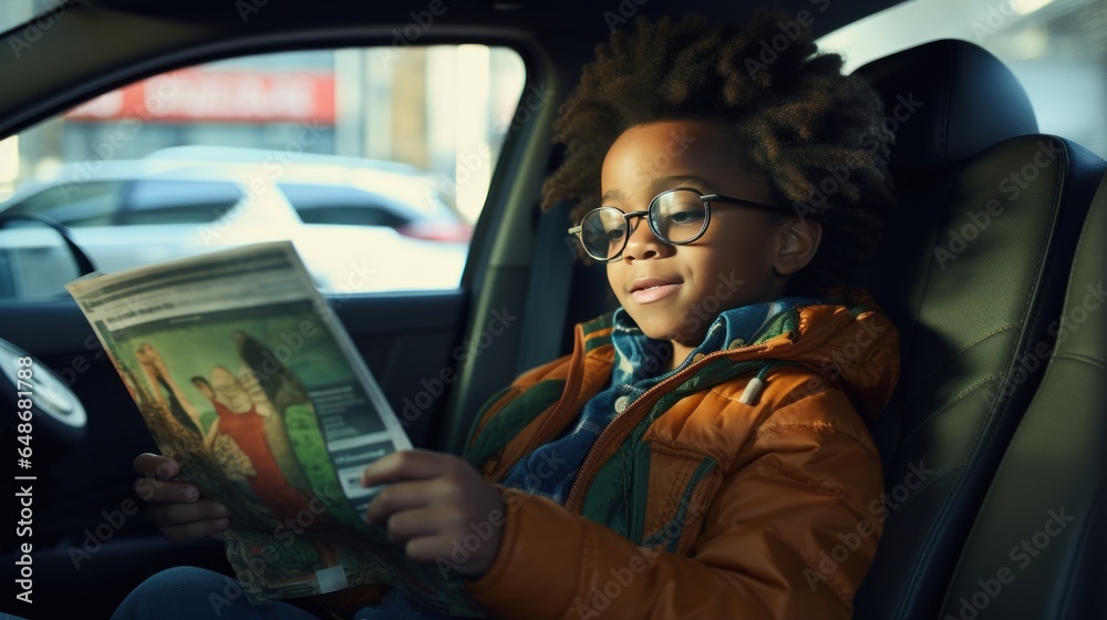 Little boy reading a magazine in a car