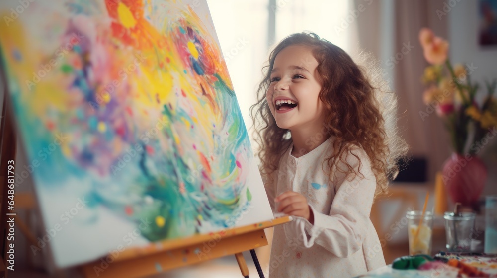 A little girl painting an abstract painting on an easel