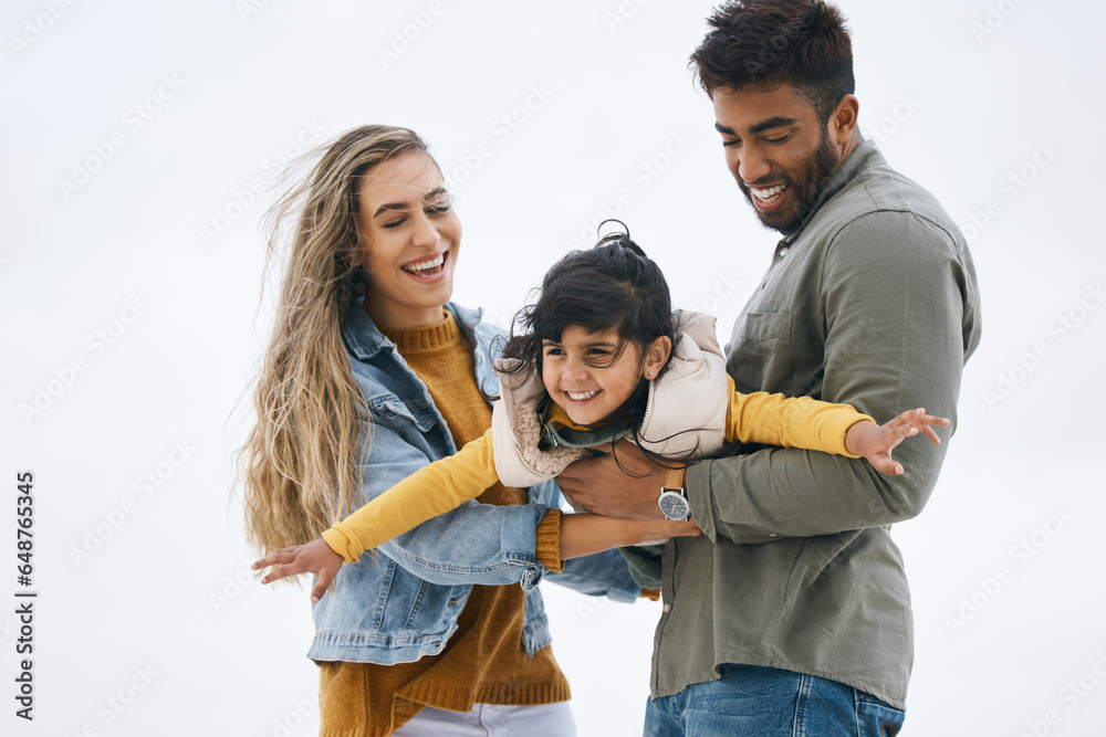 Airplane, sky or kid with parents playing for a family bond with love, smile or care on vacation. Mom, flying or happy Indian dad with a girl kid to enjoy fun outdoor games on a holiday together
