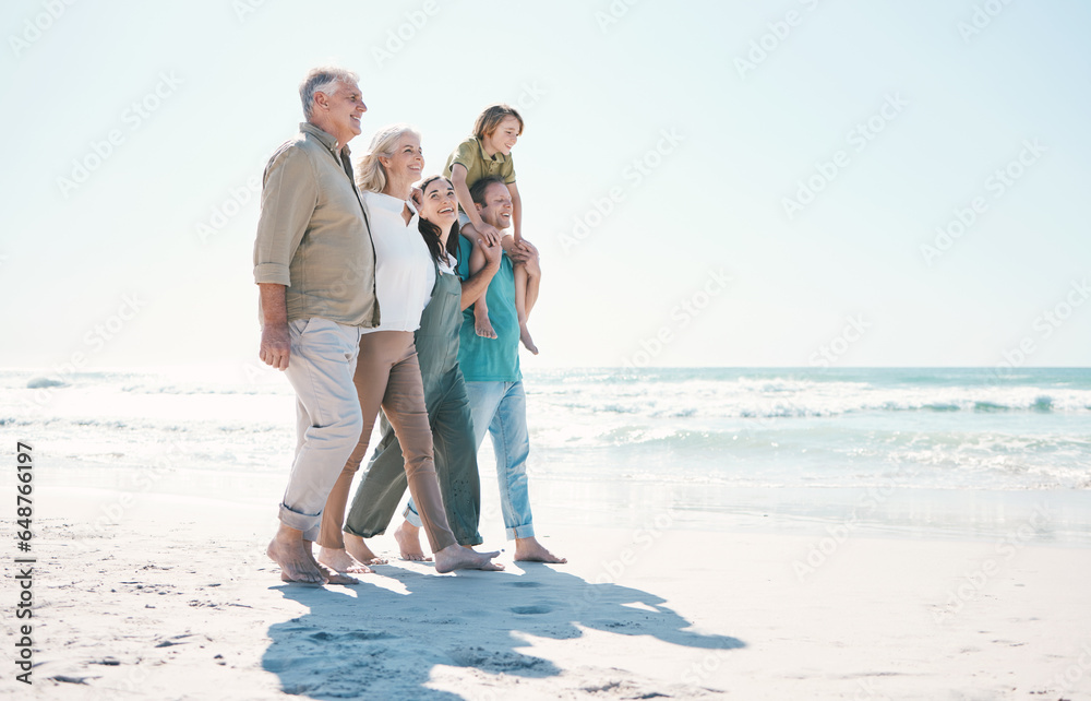 Walking, beach and big family together on vacation, holiday or tropical weekend trip with love. Happy, travel and child with parents and grandparents bonding by ocean or sea on adventure in Australia