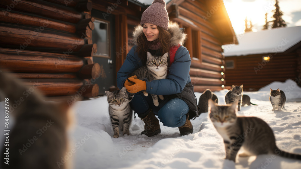 Woman happily pets some stray cats under the eaves of a wooden house in the snow.