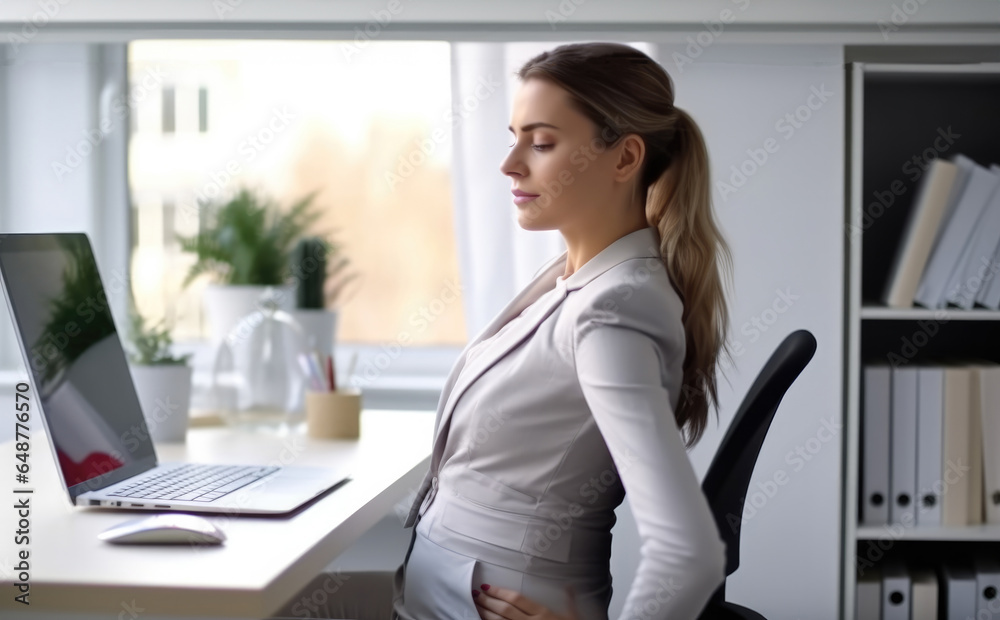 Woman Bad Posture With Backache Sitting In Office.
