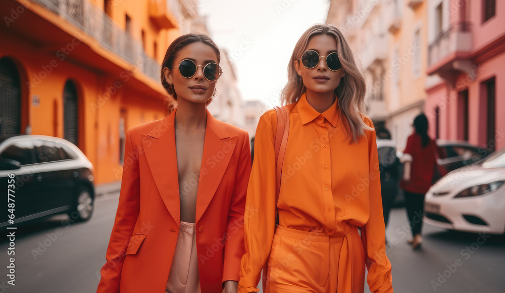 Two women with colorful outfit are walking in the city street.