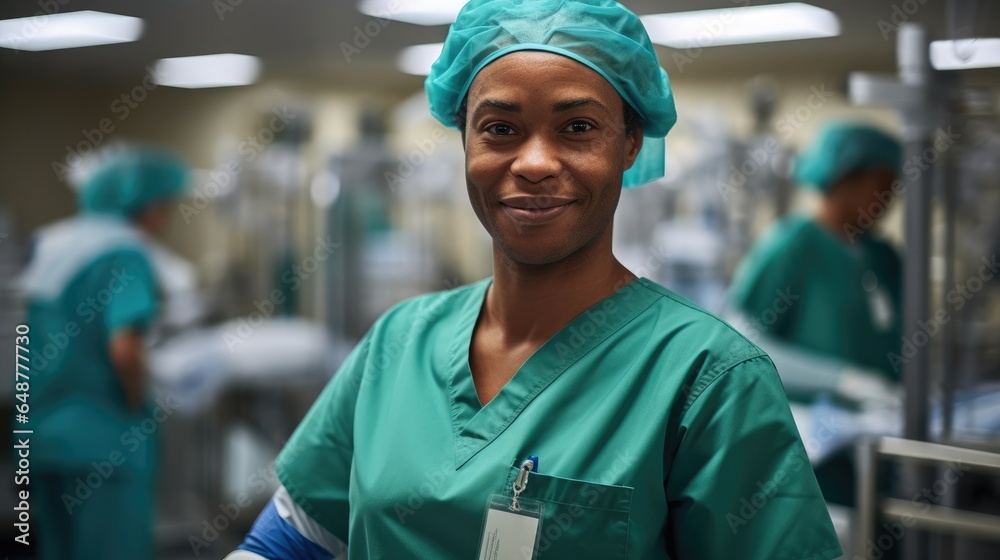 Portrait of African American female nurse working in a hospital.