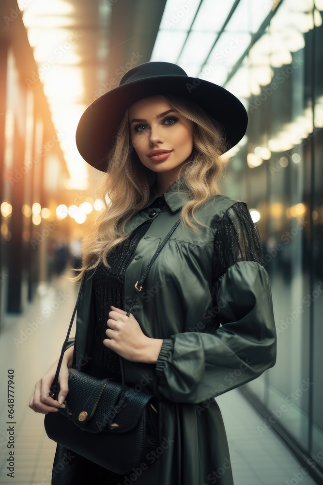 Beautiful young woman with perfect make-up wearing a black hat and leather coat, Posing near glass wall of the shopping center.