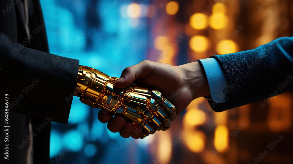 Business handshake of human and robot. Collaboration of artificial intelligence and man. Generative AI