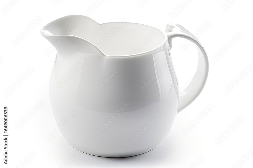 A white ceramic pitcher with a handle and a spout, round body and flared top, empty and without liquid, on a plain white background.