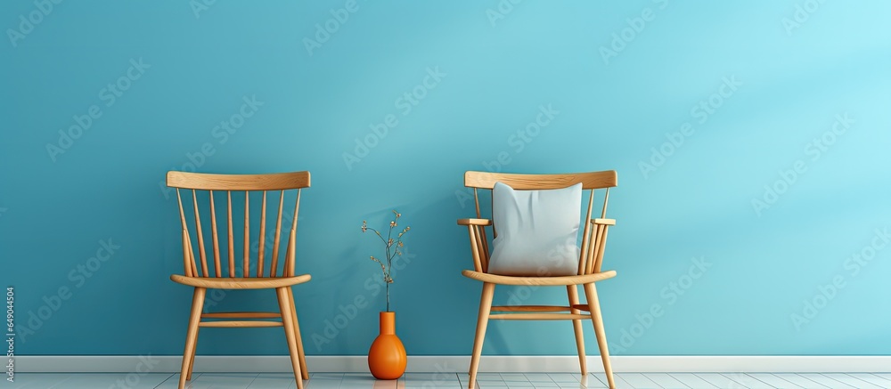 a blue background studio with a wooden chair for the kitchen or hallway available at a furniture store