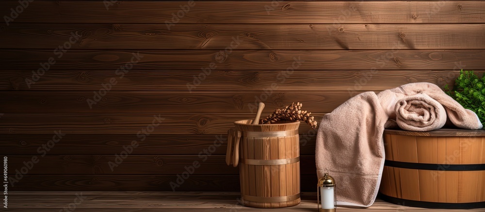 Classic wood sauna with water bucket and fresh towels for relaxation