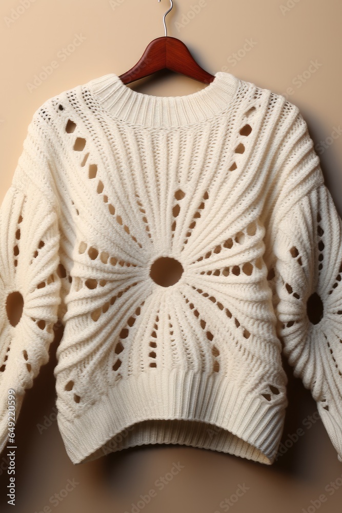 A white sweater with a sun line pattern on top of the sweater, star pattern, line pattern.