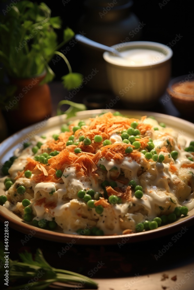 Pulled chicken scrambled with white sauce in a plate in a cozy ambiance.