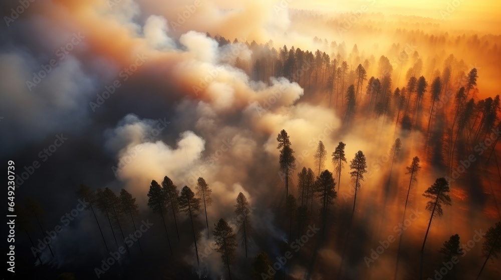 Aerial view, Forest fire on mountain, Burning coniferous forest.