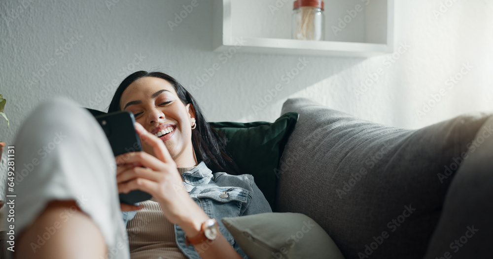 Happy woman, thinking and relax with smartphone on sofa, scroll social media and reading notification at home. Cellphone, smile and search connection, download digital app and contact in living room