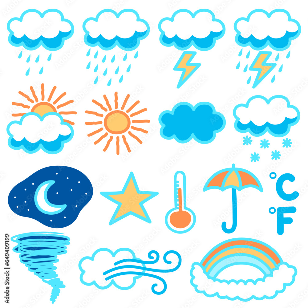 Doodle illustration set featuring a variety of weather icons. From sunny days to stormy nights, this collection has you covered with a playful twist on weather graphics