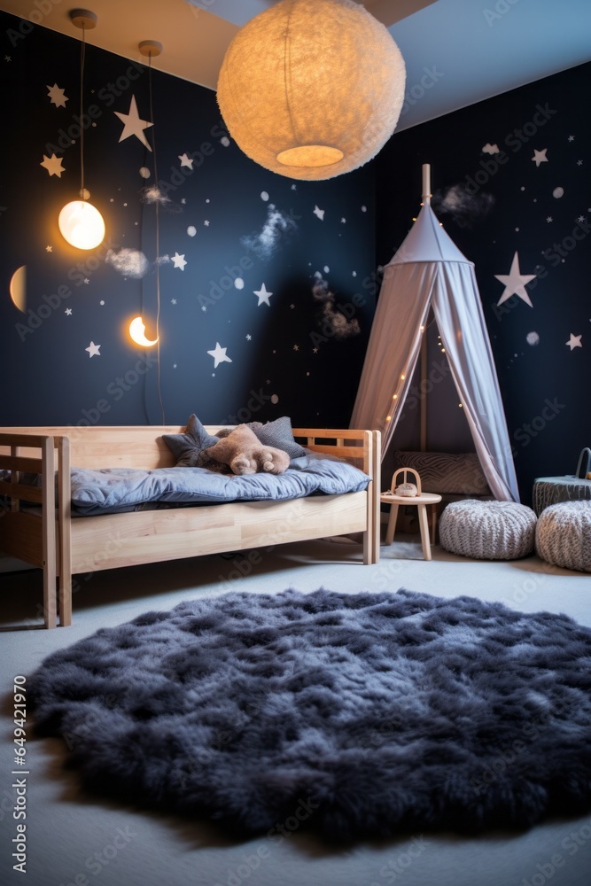 A cozy scandinavian-inspired bedroom with minimal furniture, a dreamy moon lampshade, and a unique tent bed creates an inviting, imaginative space for sweet dreams