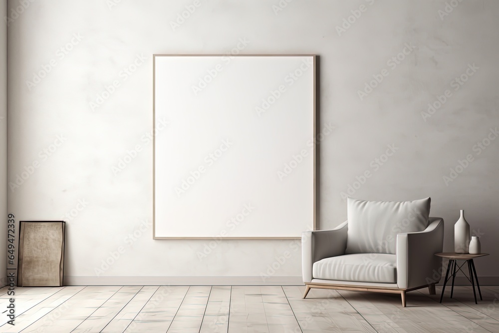 blank picture frame on white wall in colorless interior room, backdrop, Generative Ai	 