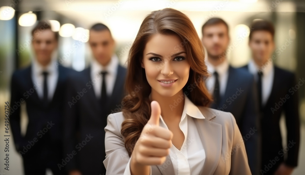 Young friendly business woman showing thumbs up sign in front of business team.
