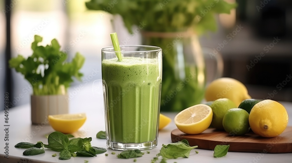 Healthy green smoothie made out of fresh lemon on countertop.