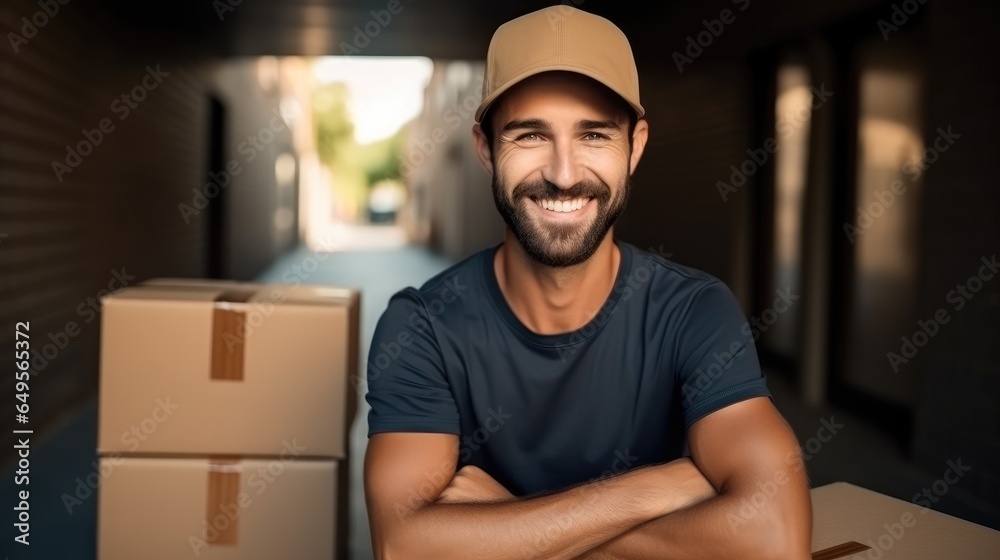Portrait of young man carrying moving boxes, Great service is simply a part of the job.