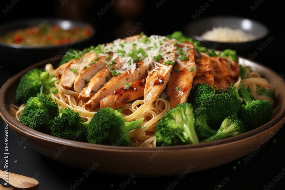 Whole wheat pasta with chicken and broccoli, Food.
