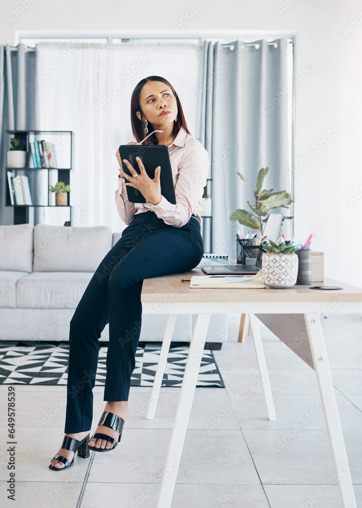 Woman thinking in modern office with tablet, ideas or email, HR schedule and online report feedback. Research, problem solving or communication on digital app, businesswoman at human resources agency