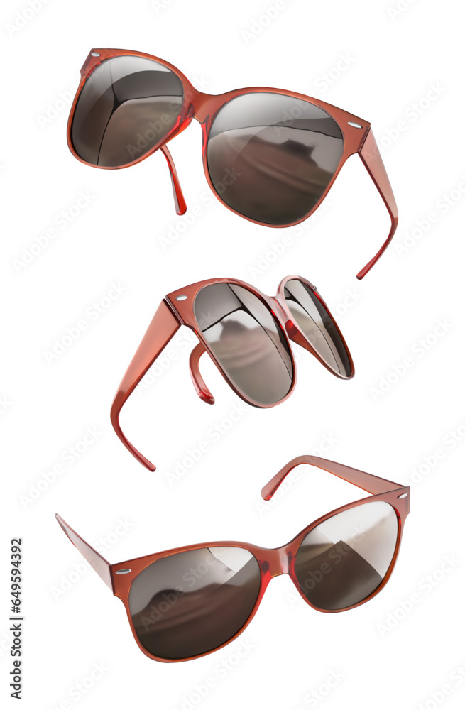 Set of red realistic plastic sunglasses on a white background. Vector illustration