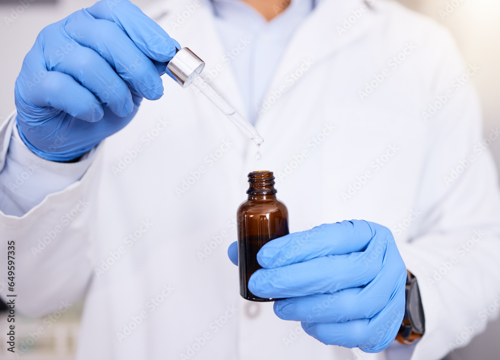 Scientist, hands and pipette with oil for experiment, dosage or measurement in laboratory. Closeup of medical person or healthcare professional with gloves, serum or vial in research test at lab