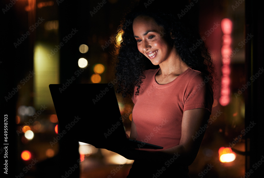 Laptop, office and business woman at night in dark online for typing email, website and browse internet. Creative agency, working late and happy person on computer for planning, research and review