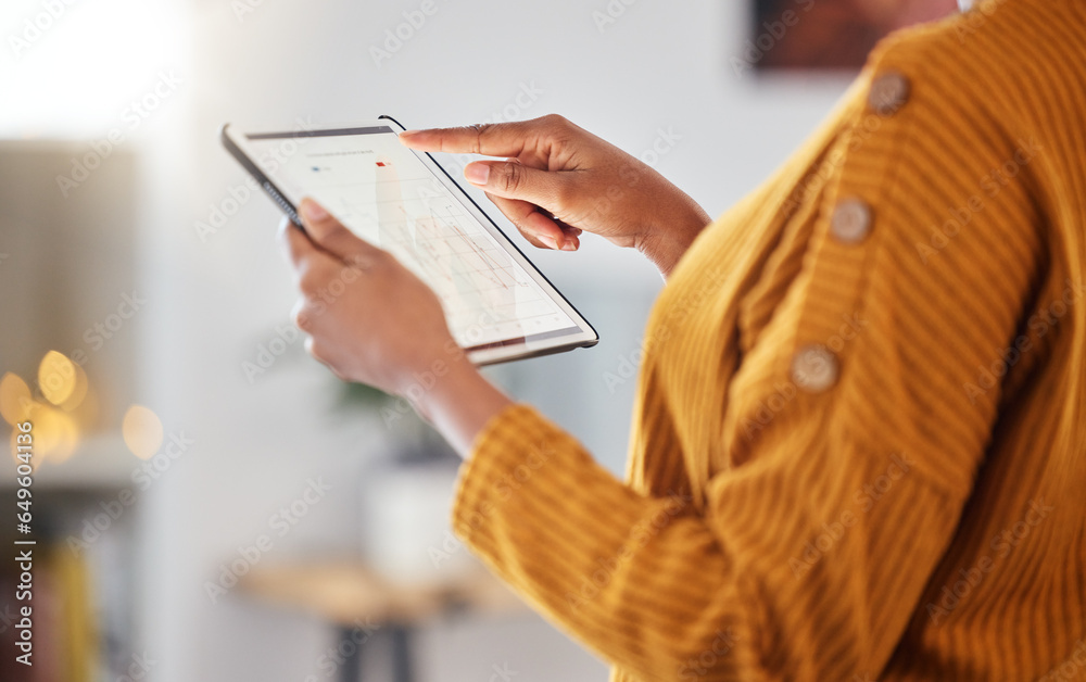 Woman, hands and tablet with data analysis, connection and information for digital marketing with bokeh. Technology, person and screen with internet for business, research and analytics or charts